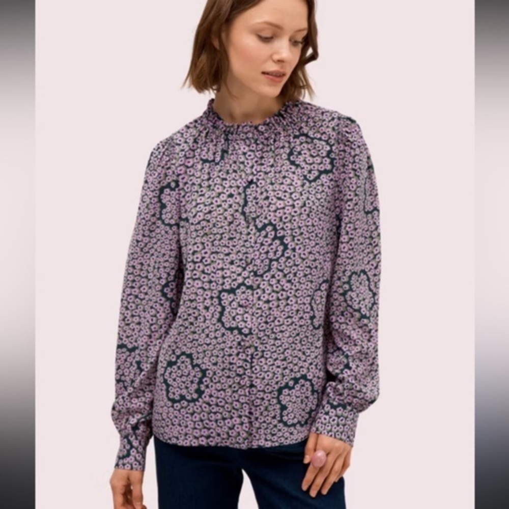 kate spade Purple Floral Flair Flora Ruffle Neck Blouse  button up shirt XXS